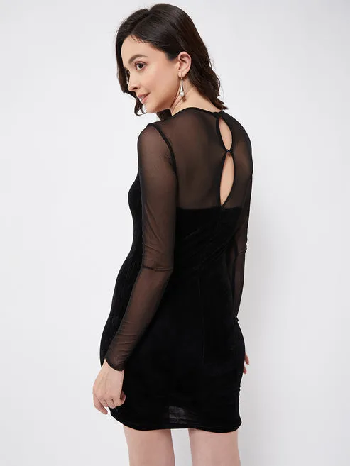 Black Mesh Round Neck Mini Dress