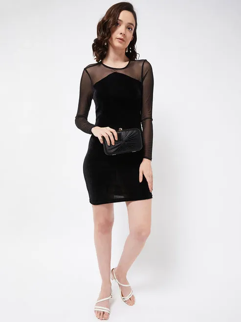 Black Mesh Round Neck Mini Dress