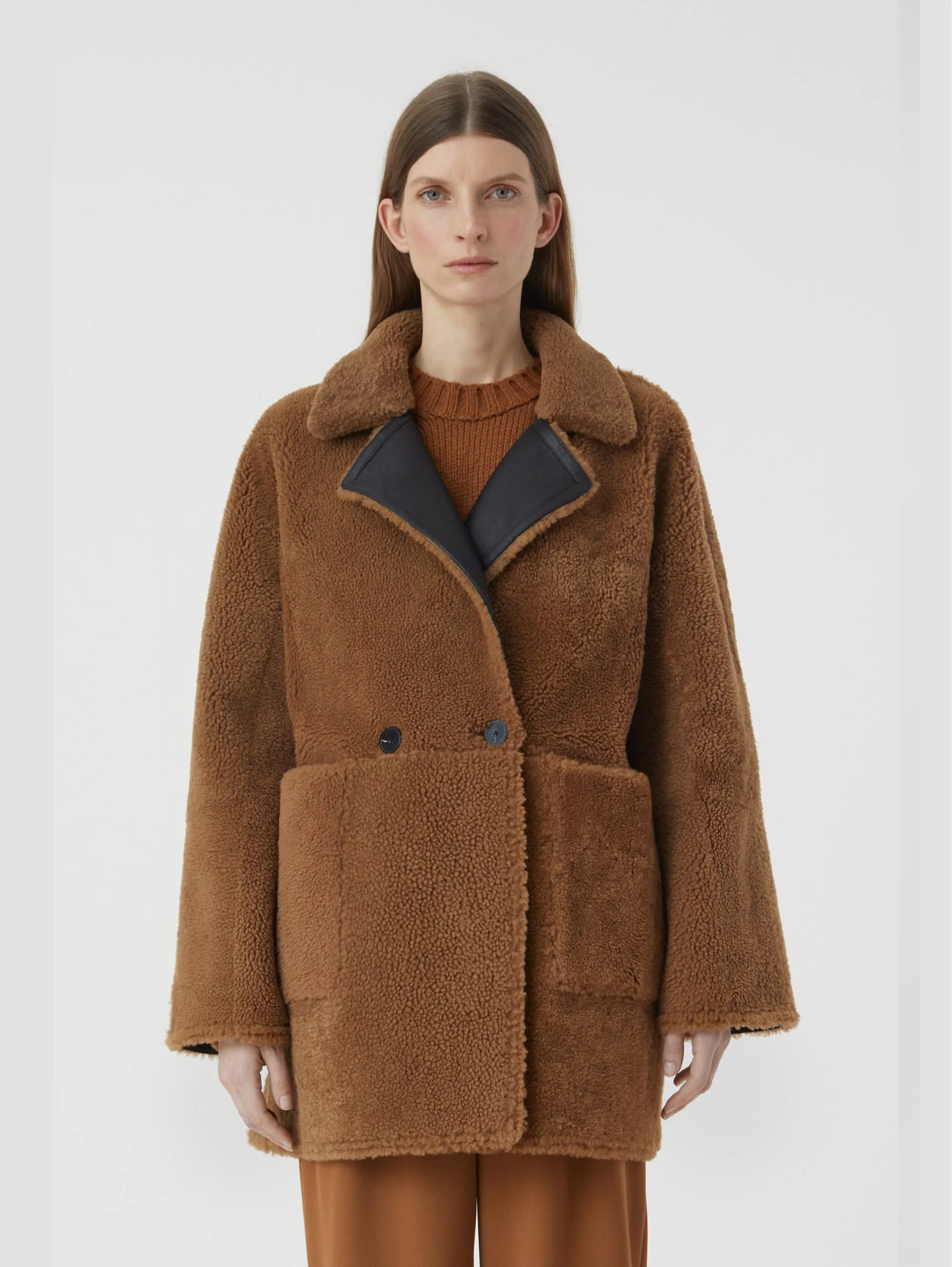 Cappotto Doppio Petto in Shearling Reversibile Marrone
