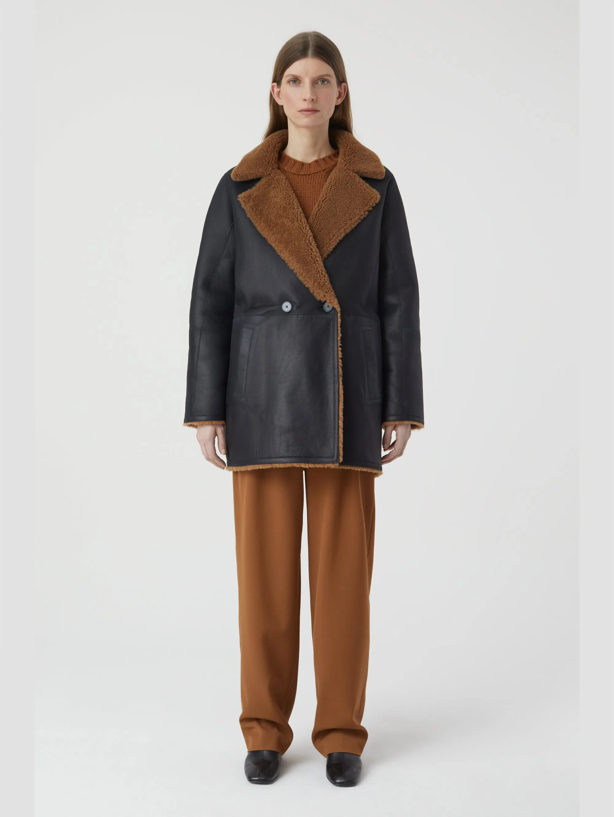 Cappotto Doppio Petto in Shearling Reversibile Marrone
