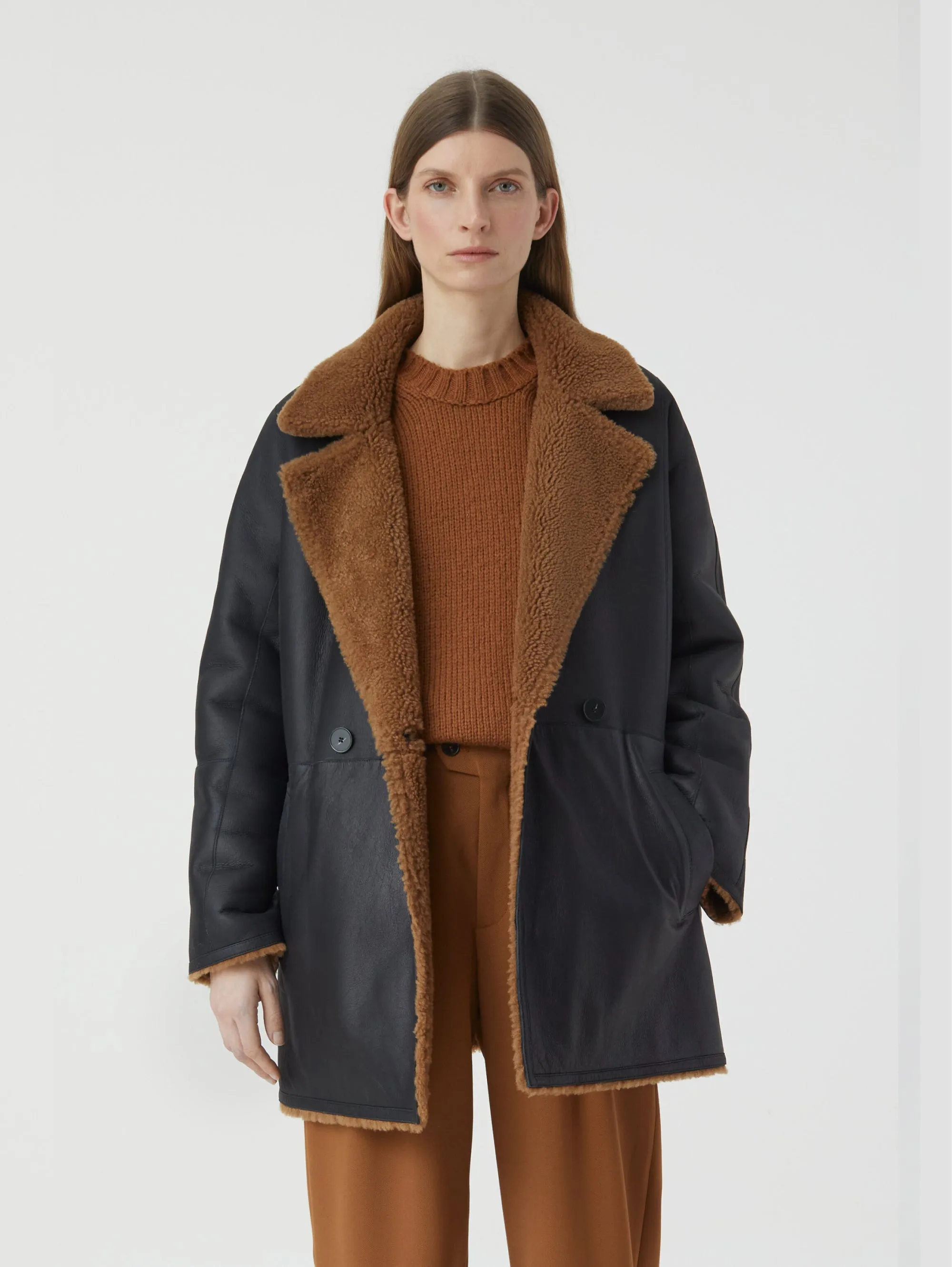 Cappotto Doppio Petto in Shearling Reversibile Marrone