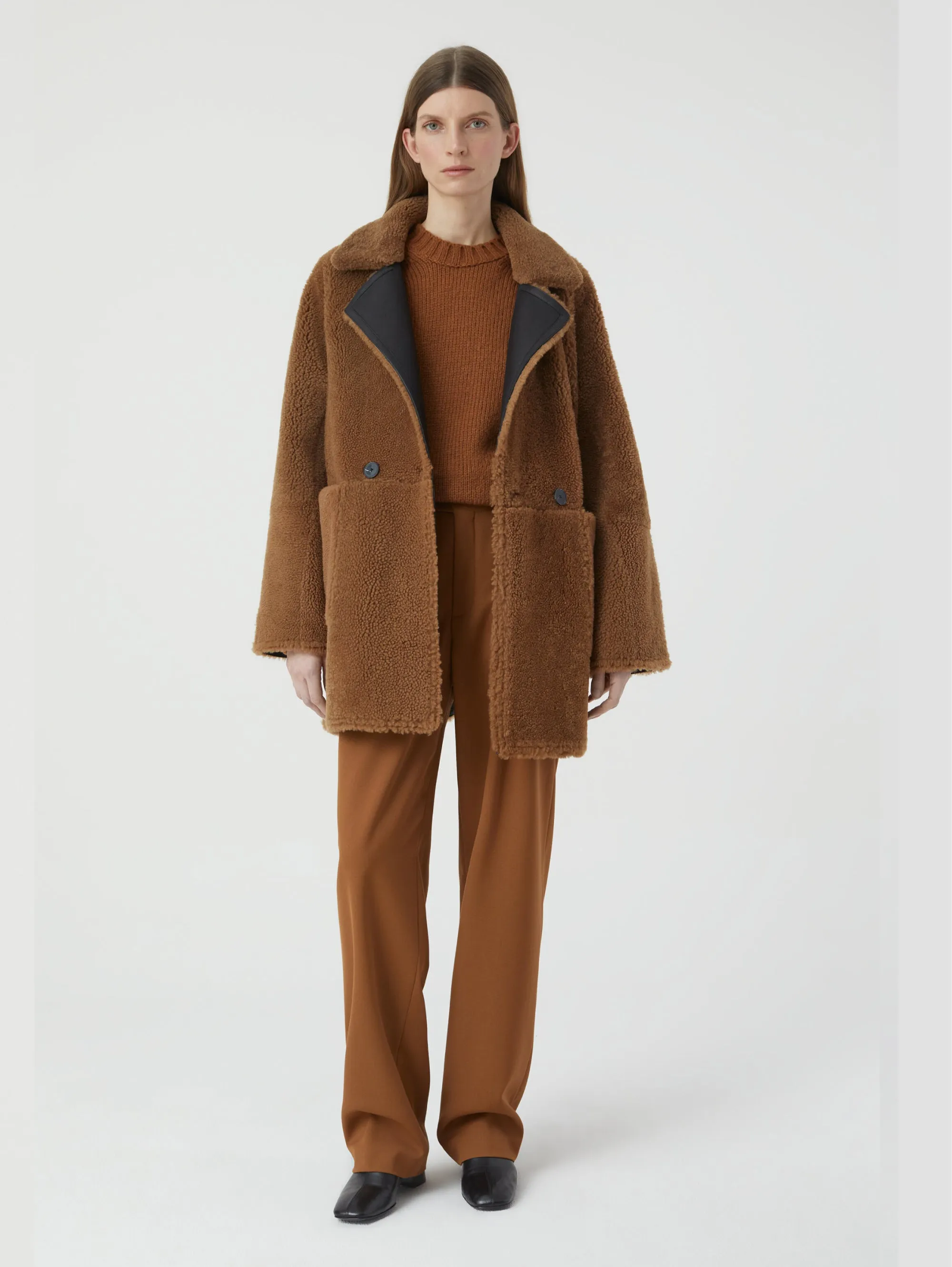 Cappotto Doppio Petto in Shearling Reversibile Marrone