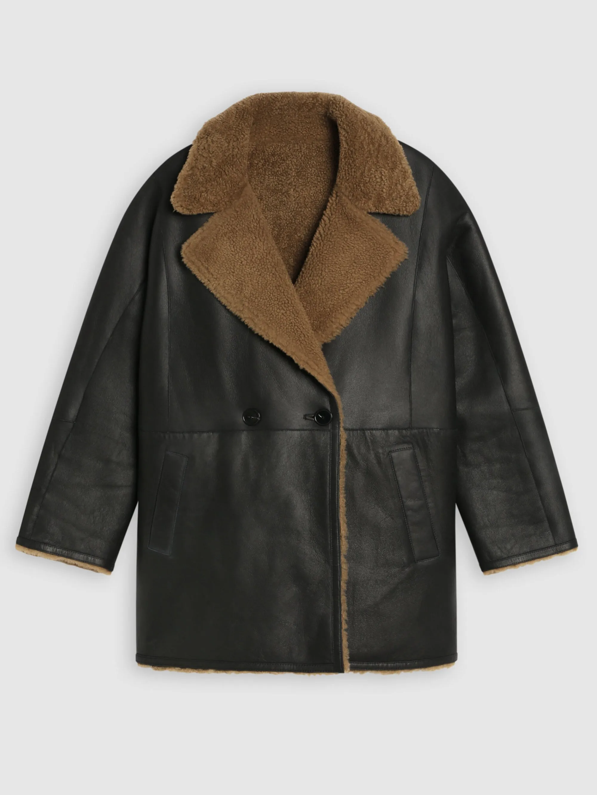 Cappotto Doppio Petto in Shearling Reversibile Marrone