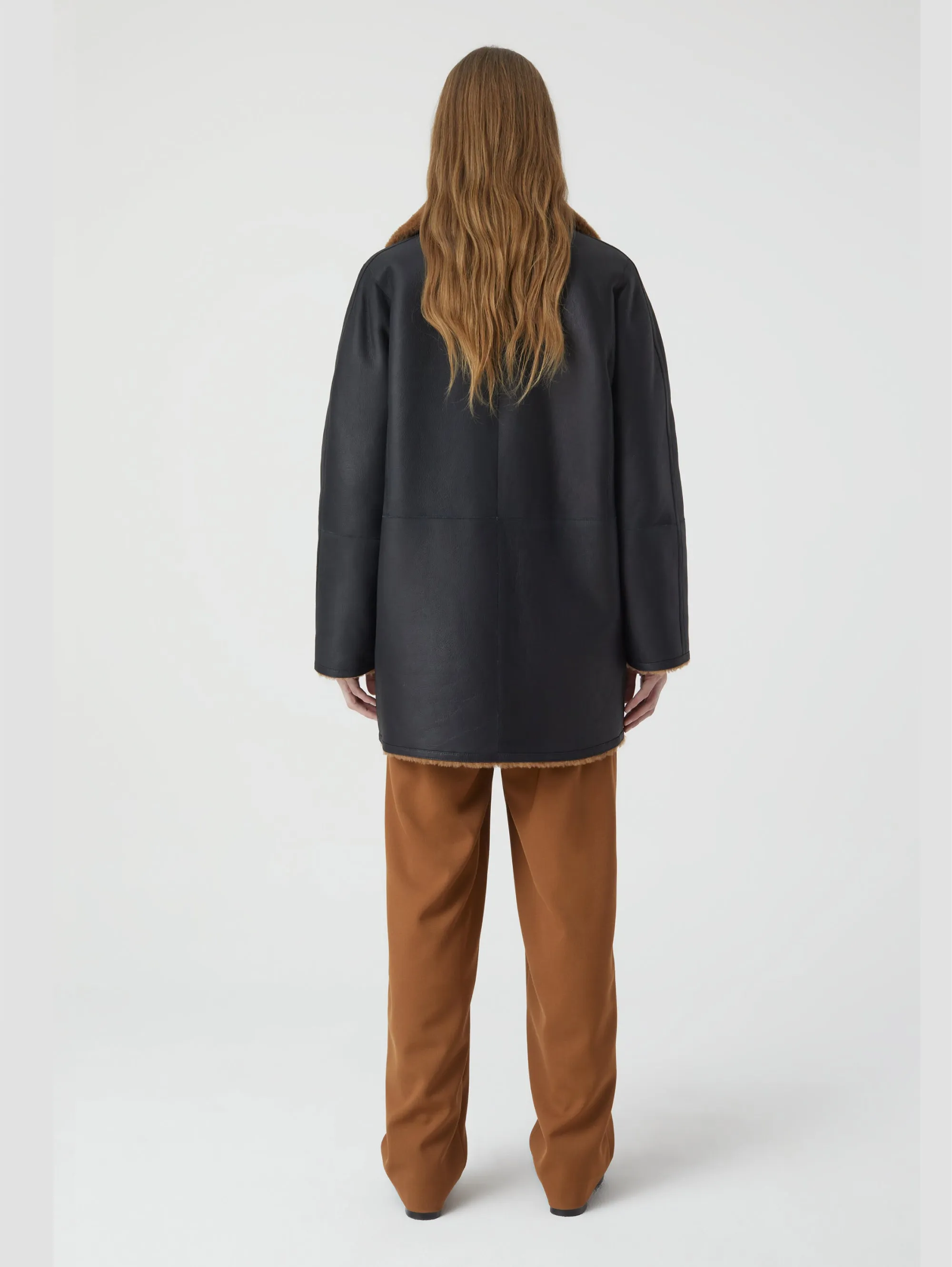 Cappotto Doppio Petto in Shearling Reversibile Marrone