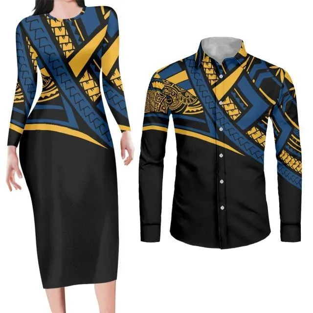 Couples Yellow Matching Apparel Bodycon Dress and Shirt Engagement Outfits