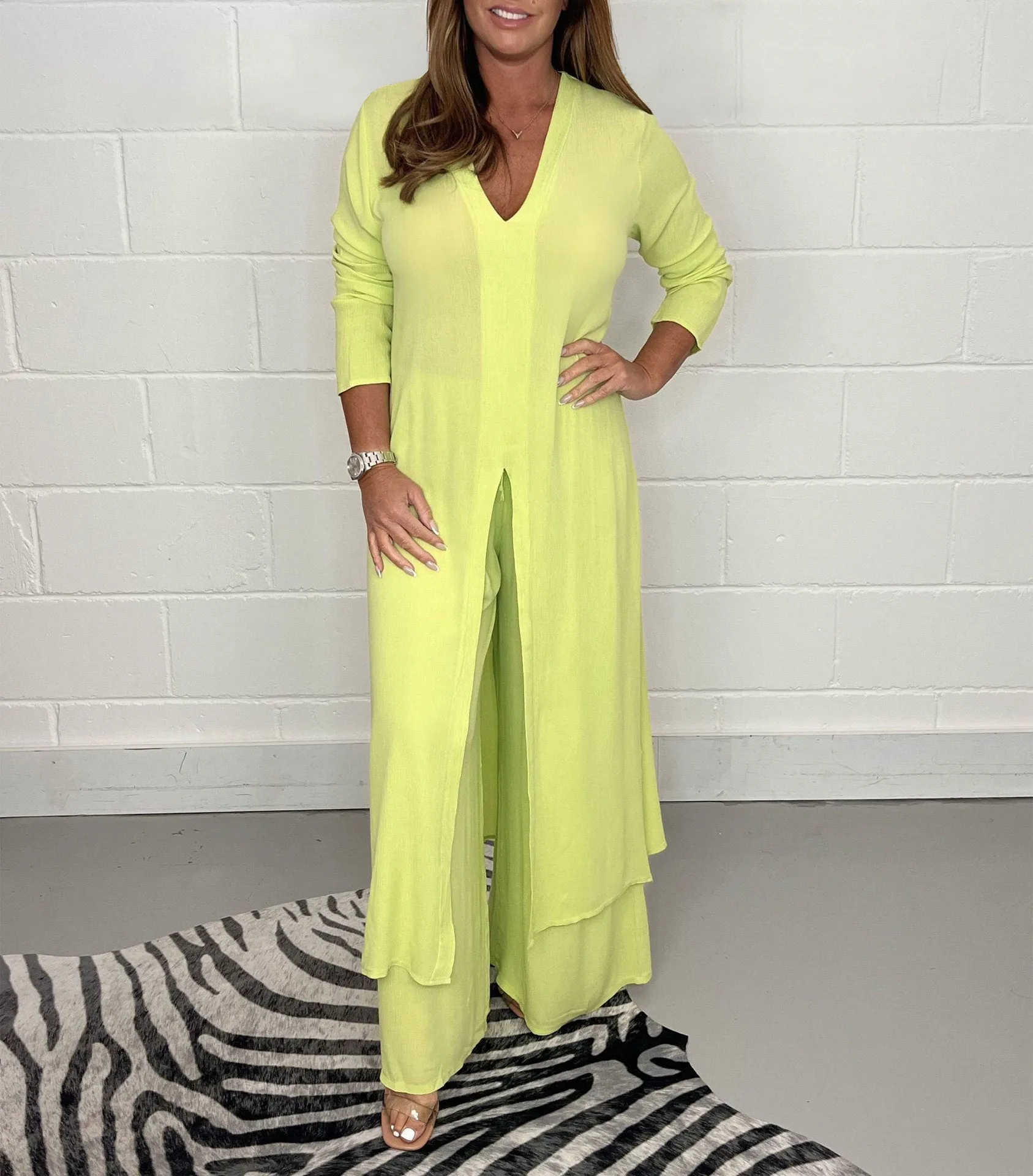 Cozy Slit Long Top and Pants Suit