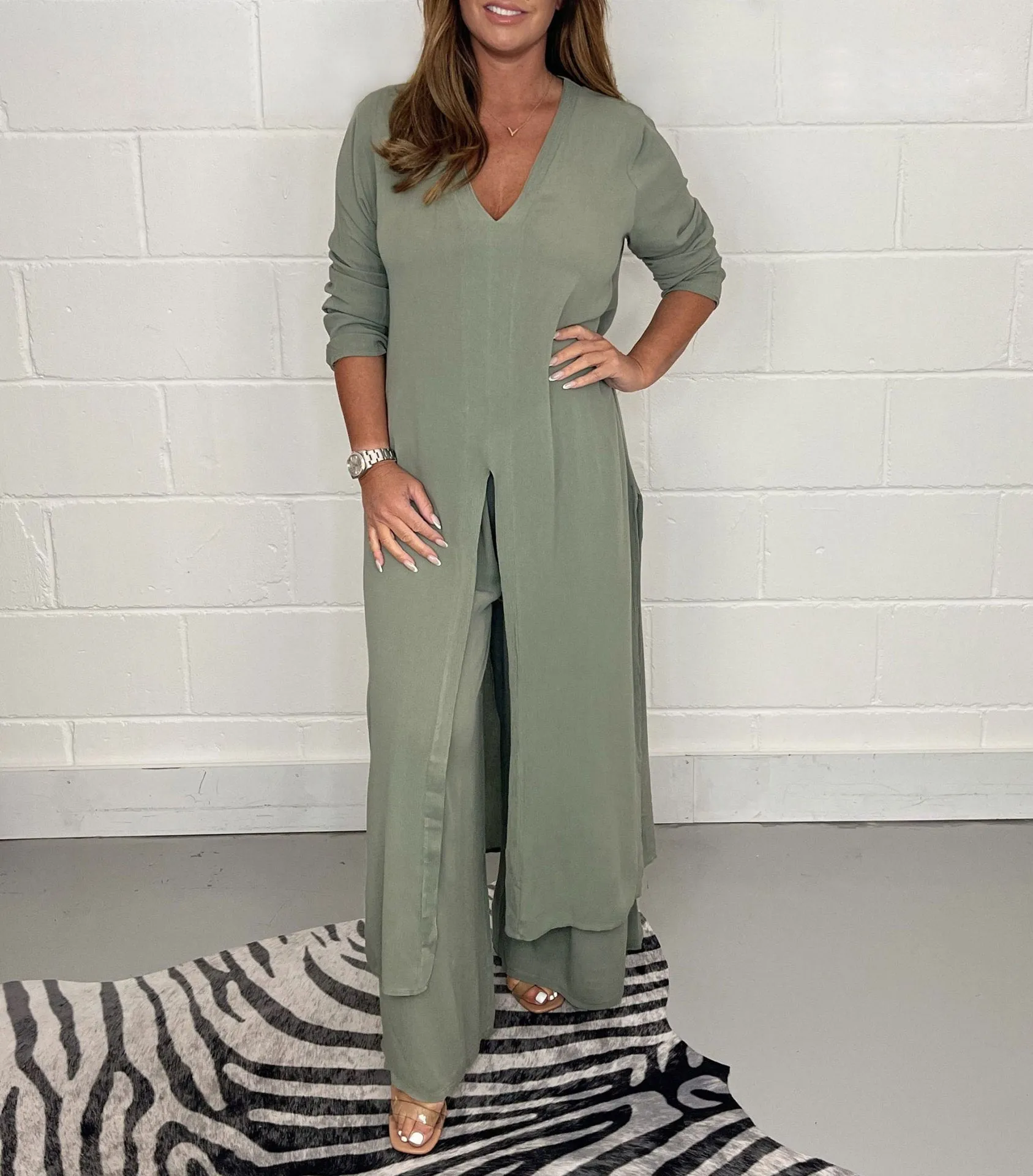 Cozy Slit Long Top and Pants Suit