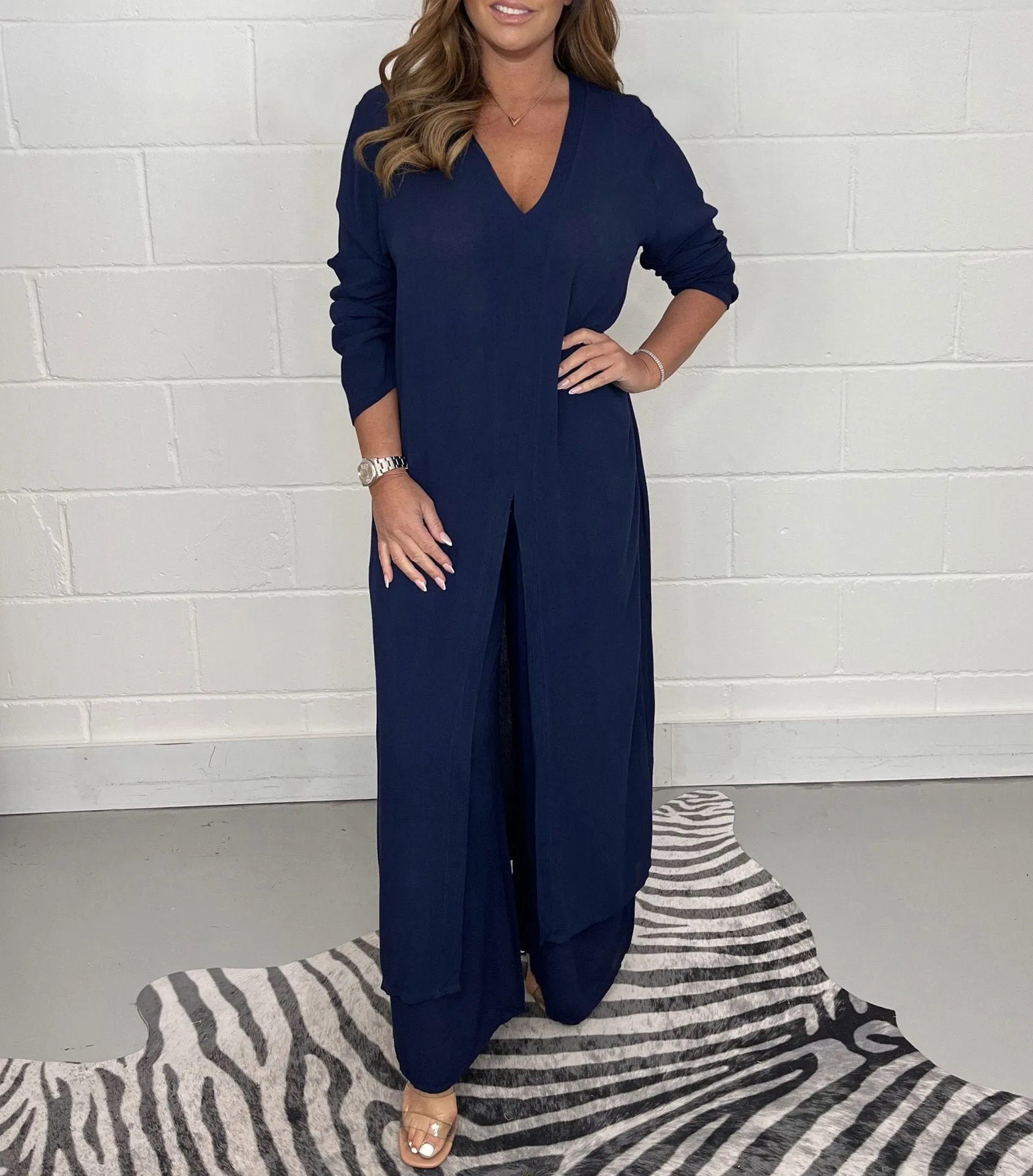 Cozy Slit Long Top and Pants Suit