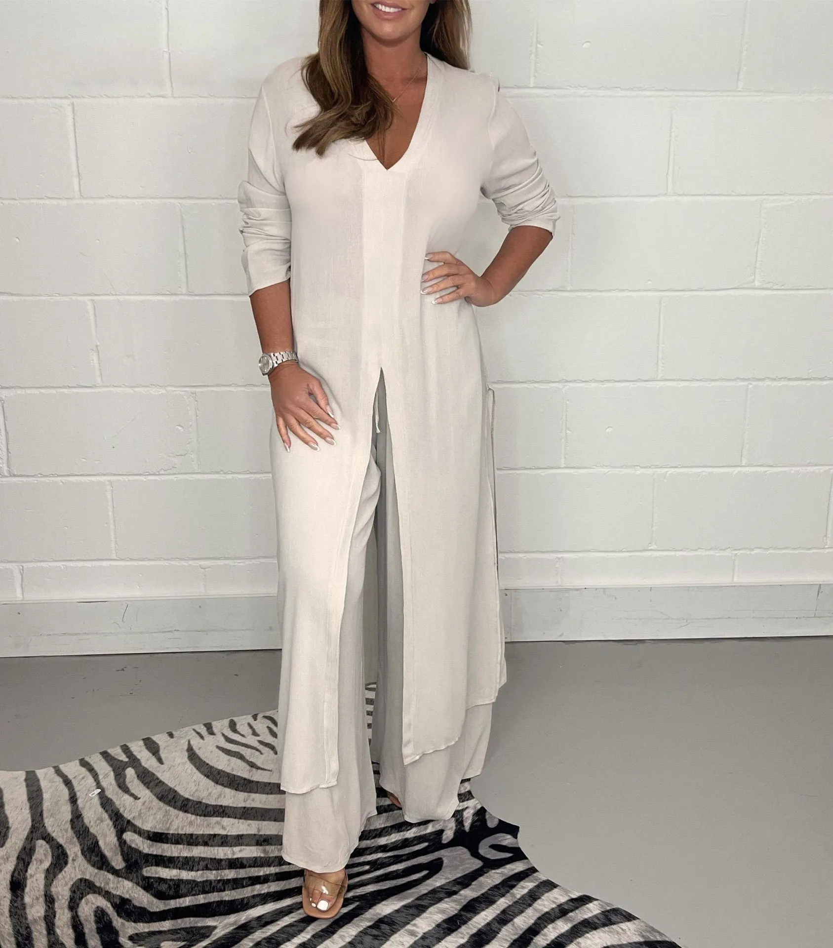Cozy Slit Long Top and Pants Suit