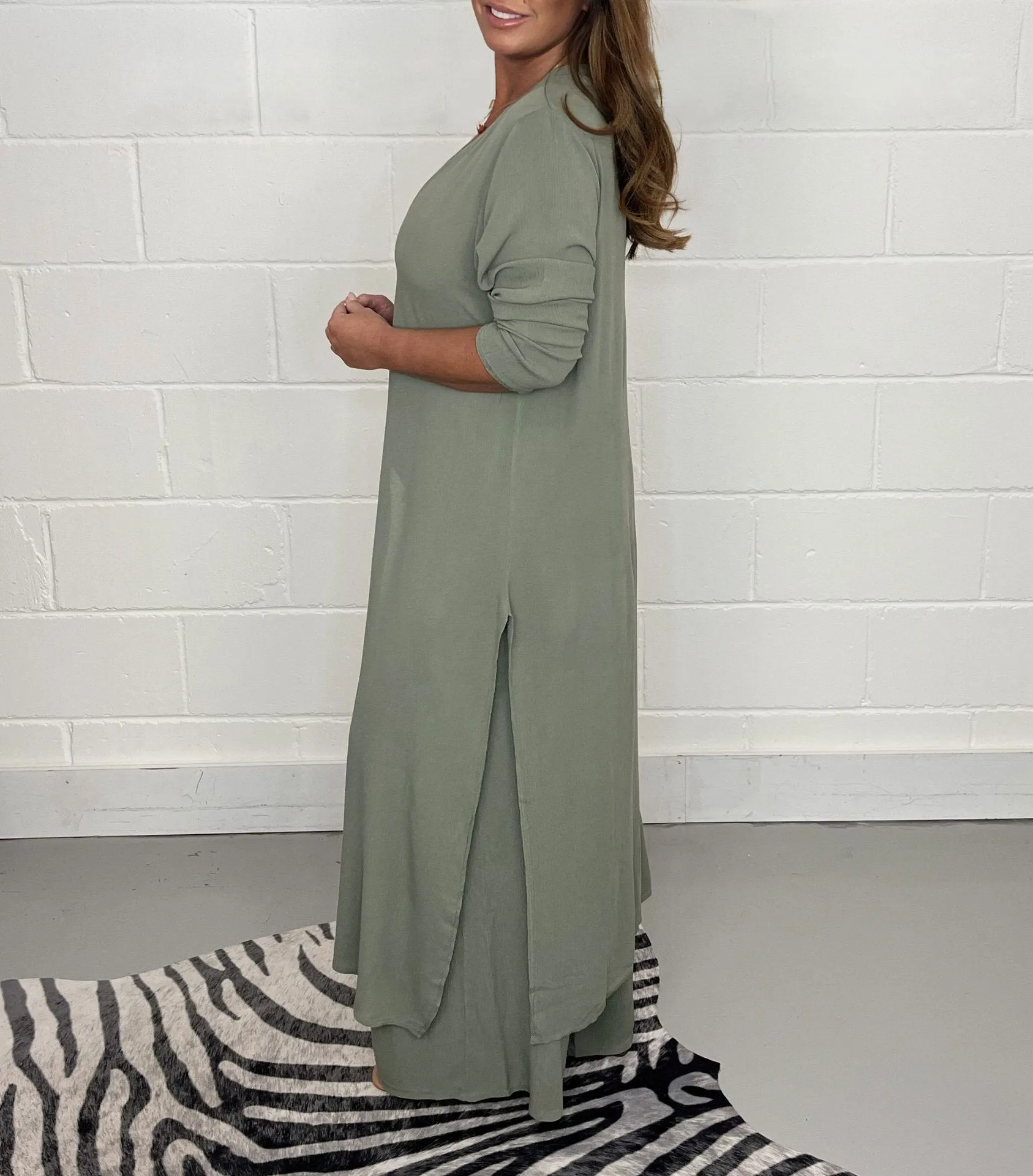 Cozy Slit Long Top and Pants Suit