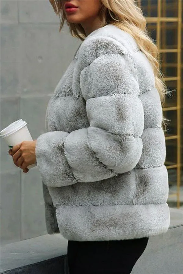 elveswallet Elegant Thick Fluffy Faux Fur Coat - Light Gray