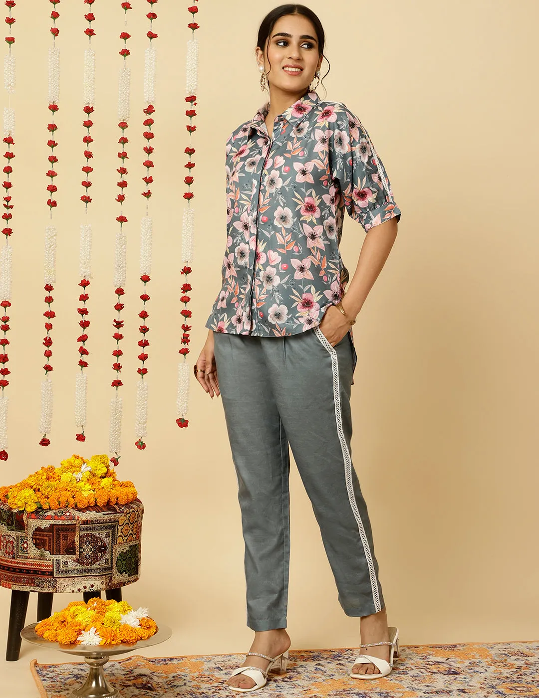 Grey Floral Print Shirt With Pants Co-ord Sets