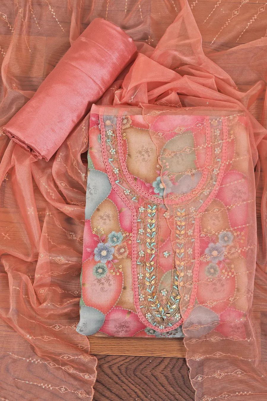 Light Orange Sequin Embellished Festive Dress Material With Dupatta