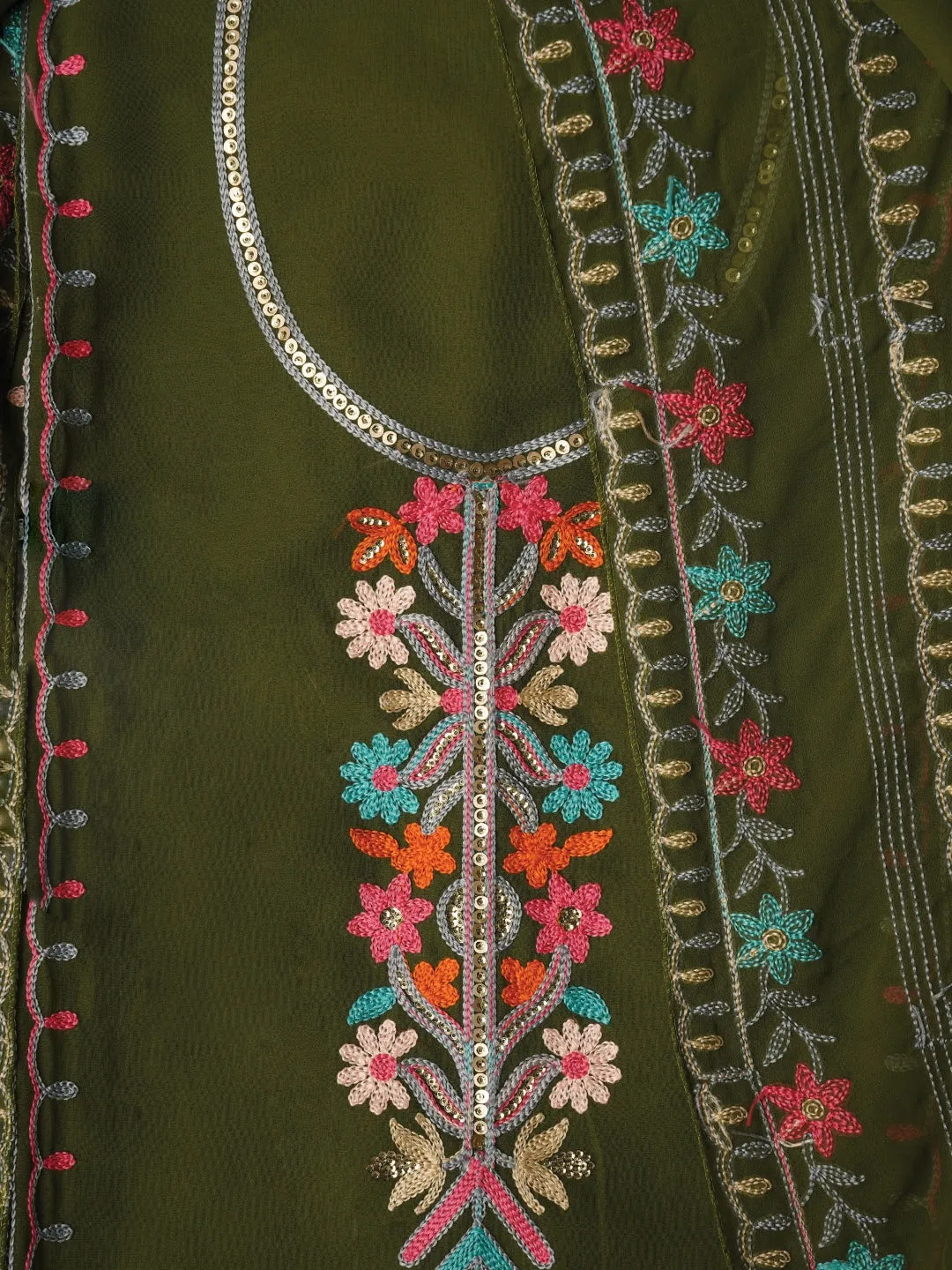 Mehandi Sequin Embroidered Silk Georgette Dress Material with Dupatta