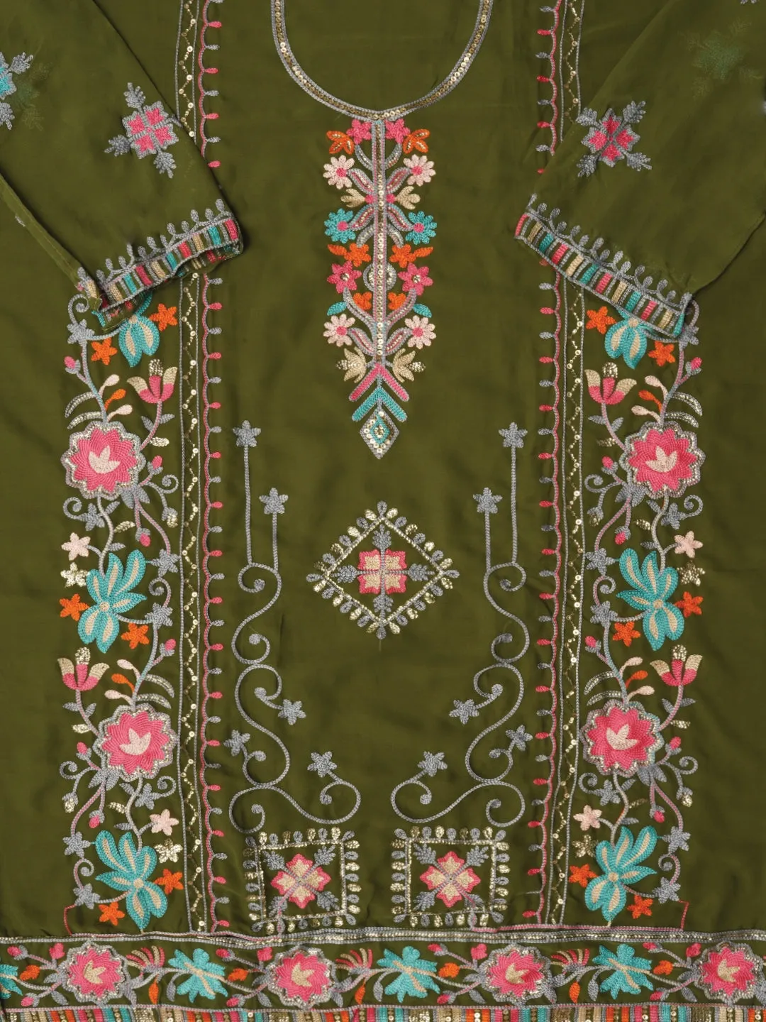 Mehandi Sequin Embroidered Silk Georgette Dress Material with Dupatta