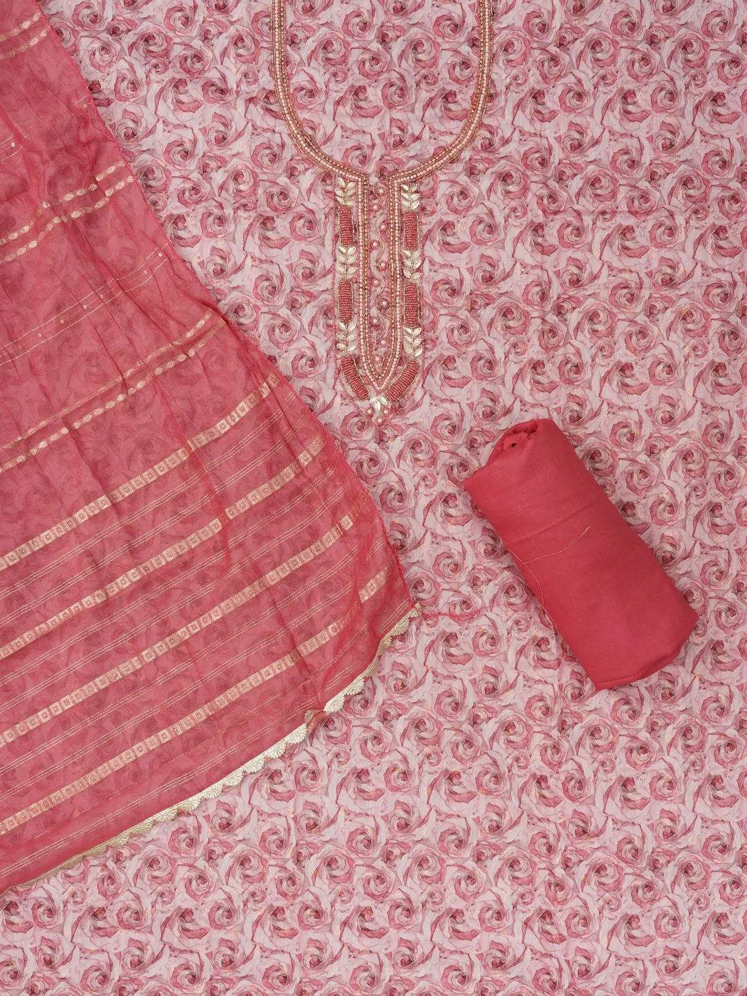 Multi Color Unstitched Embellished Cotton Blend Dress Material with Dupatta