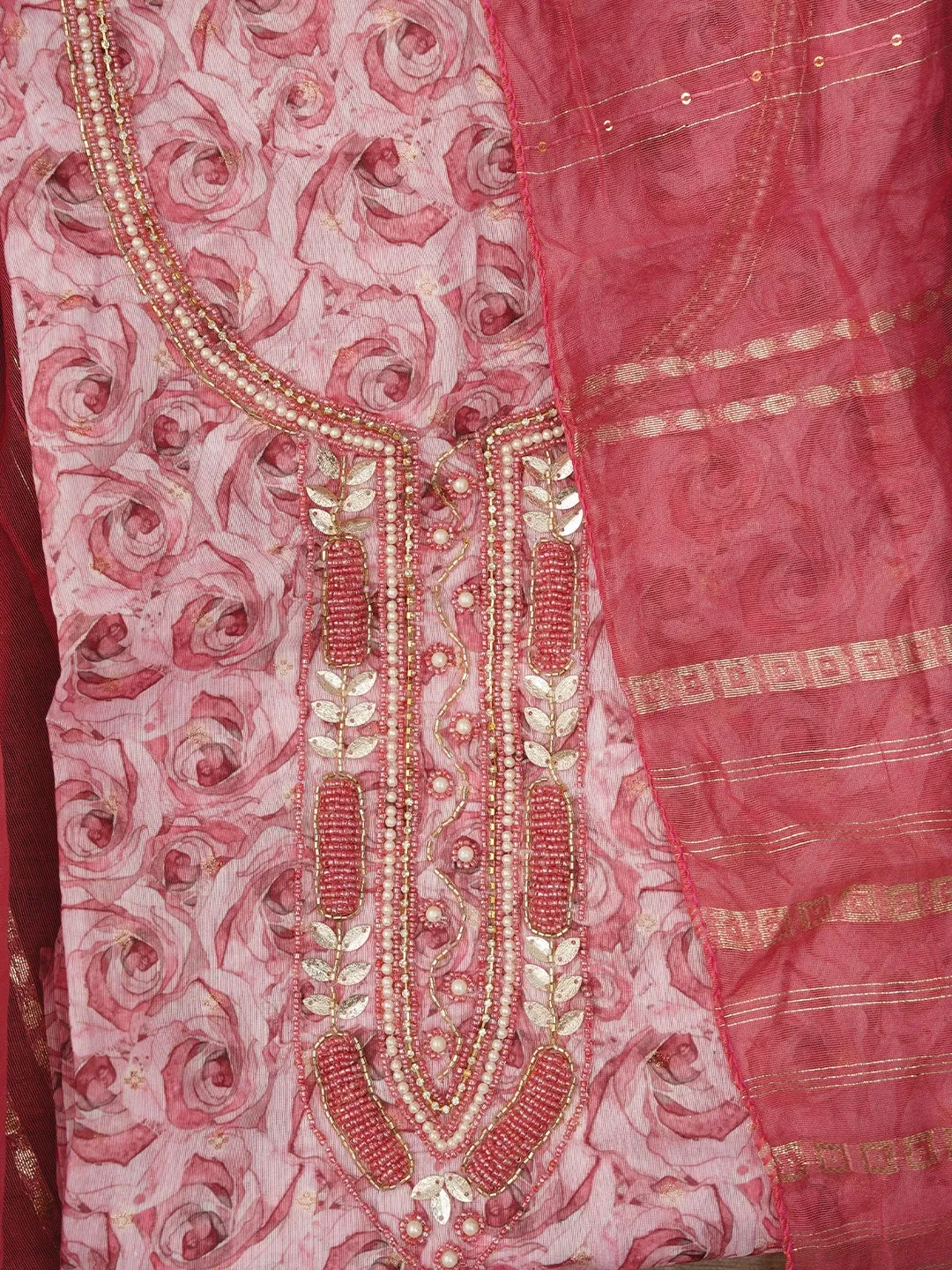 Multi Color Unstitched Embellished Cotton Blend Dress Material with Dupatta
