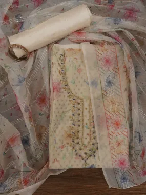 Off White Floral Printed Silk Zari Woven Dress Material with Dupatta