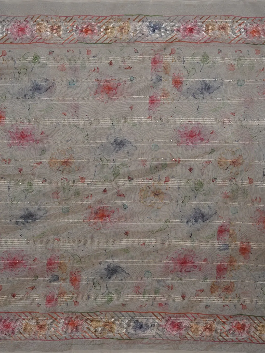 Off White Floral Printed Silk Zari Woven Dress Material with Dupatta