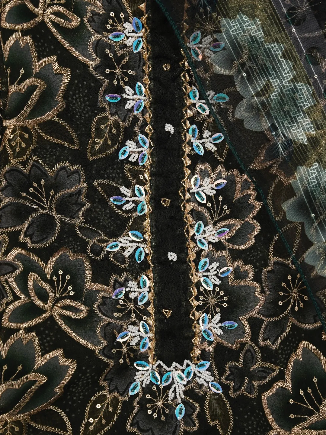 Olive Green Unstitched Embellished Organza Dress Material With Dupatta