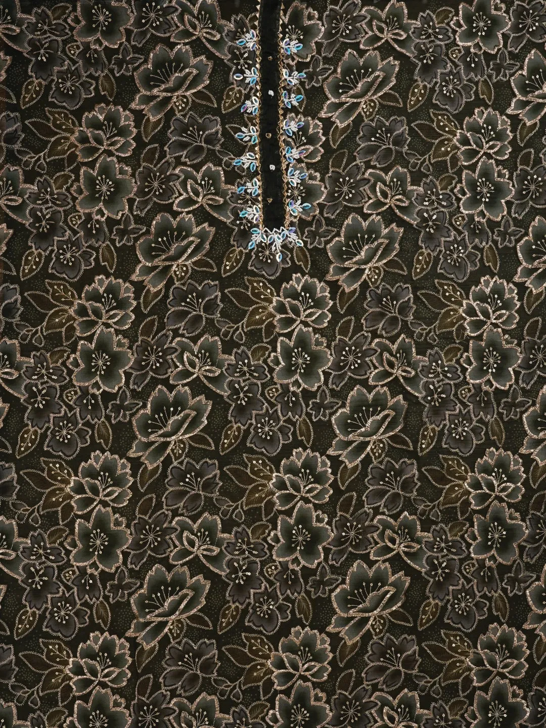Olive Green Unstitched Embellished Organza Dress Material With Dupatta