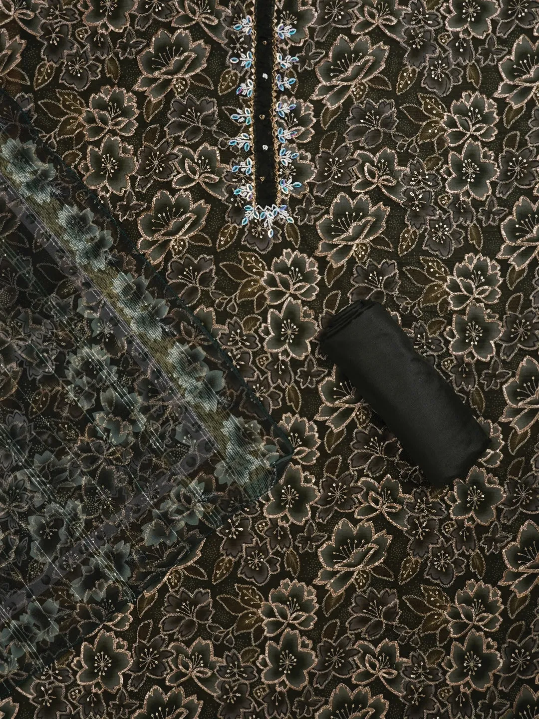 Olive Green Unstitched Embellished Organza Dress Material With Dupatta