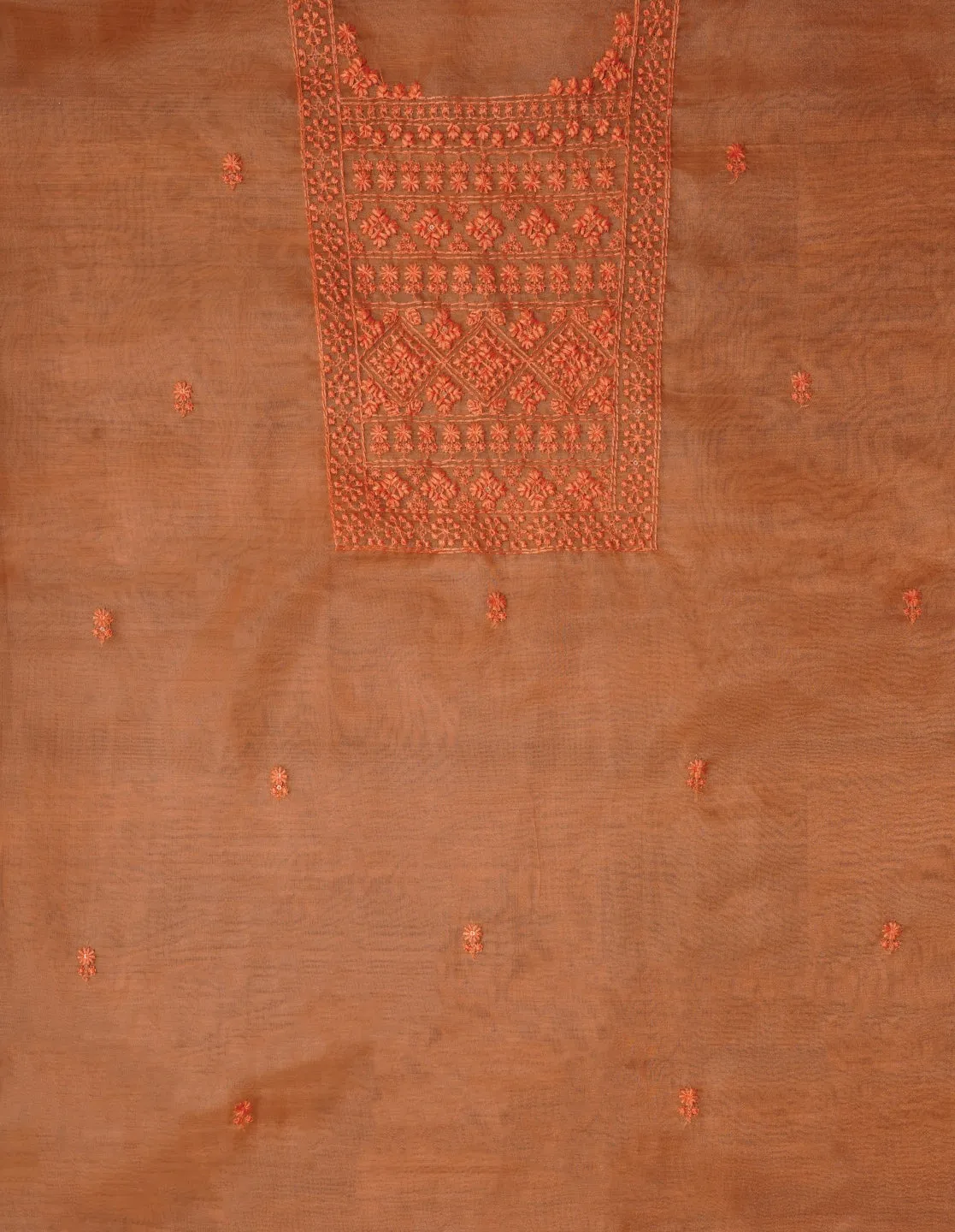 Orange Unstitched Embroidered Organza Festive Dress Material With Dupatta