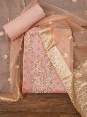 Peach Unstitched Embellished Cotton Blend Dress Material with Dupatta