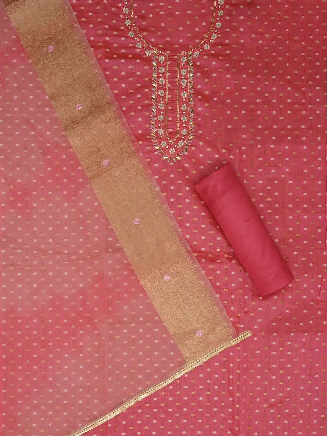 Pink Cotton Blend Embellished Dress Material with Dupatta