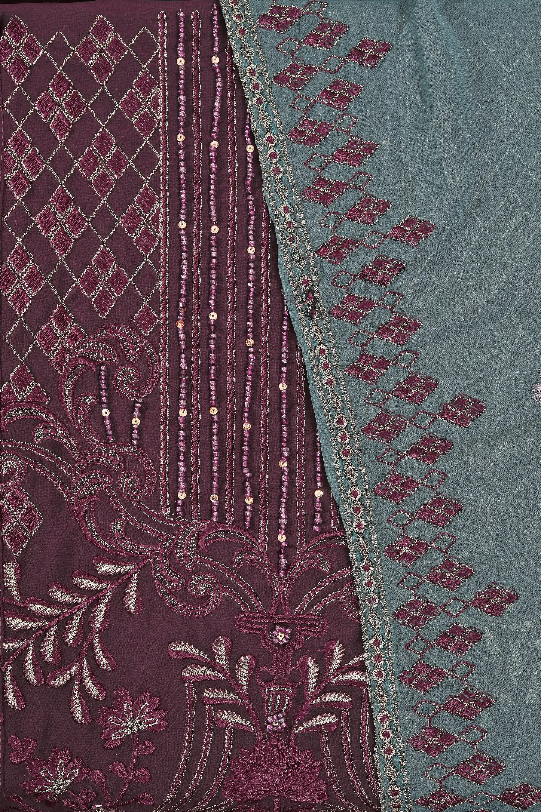 Purple Heavy Embroidered Poly Georgette Dress Material with Dupatta