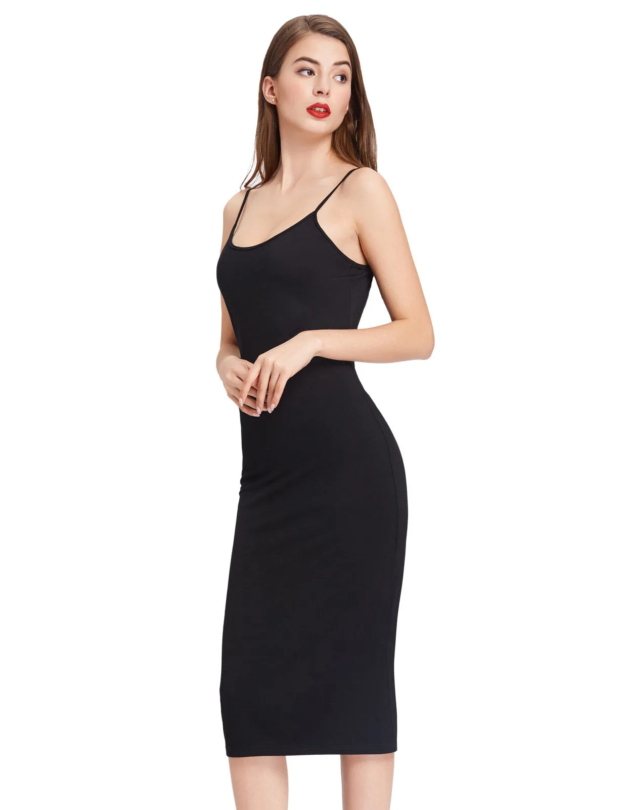 Stretch Spaghetti Strap Plain Long Tank Top Slim Bodycon Mini Dress