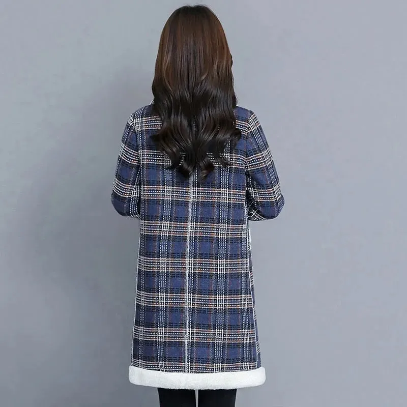 Winter Korean Plus velvet Thicken Women&#39;s Jacket Warm Loose Plaid Long Outerwear Faux Lamb velvet Coats Large size Female Parkas