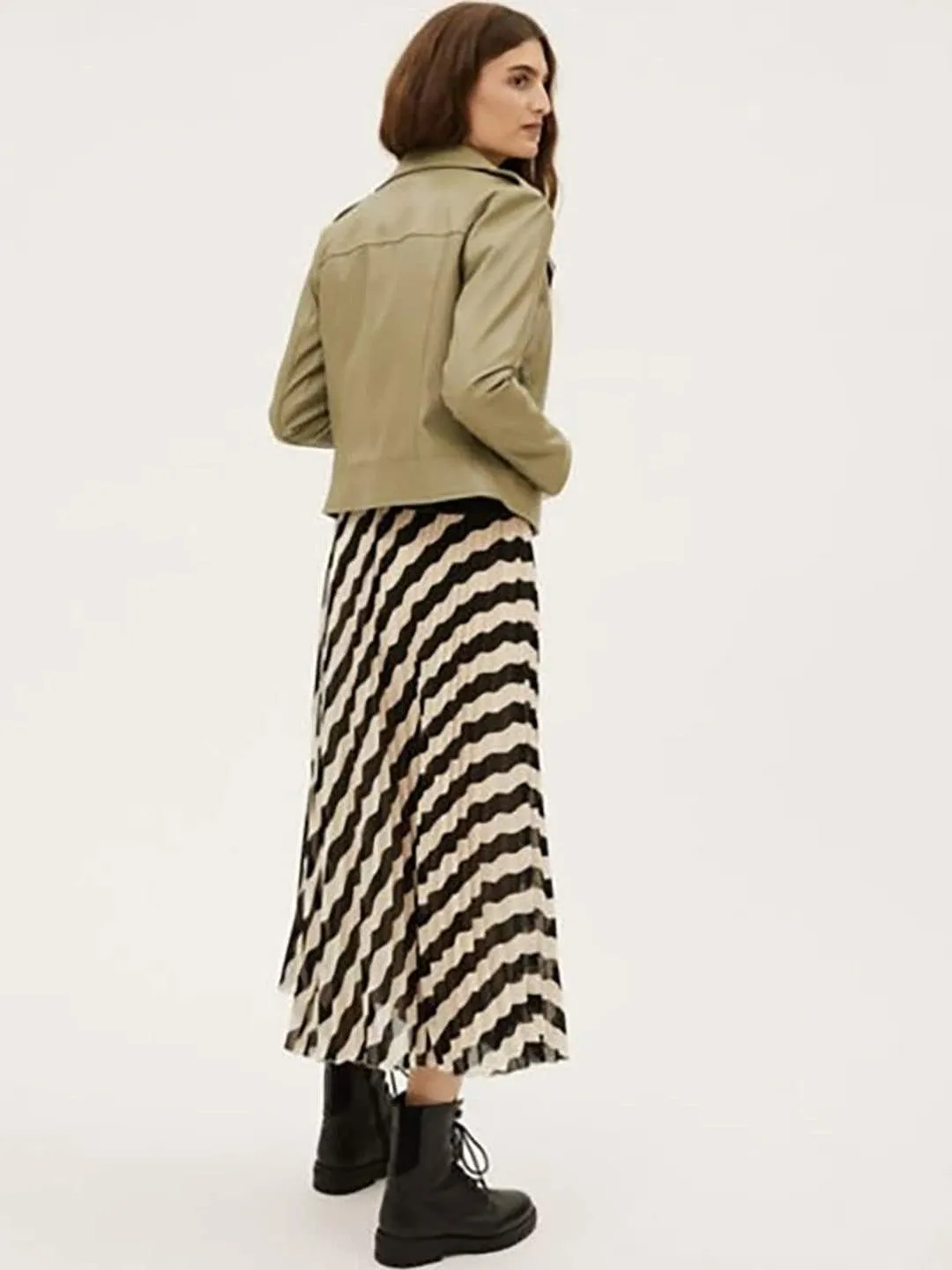 Women Khaki Leather Crop Biker Jacket | QAWACH