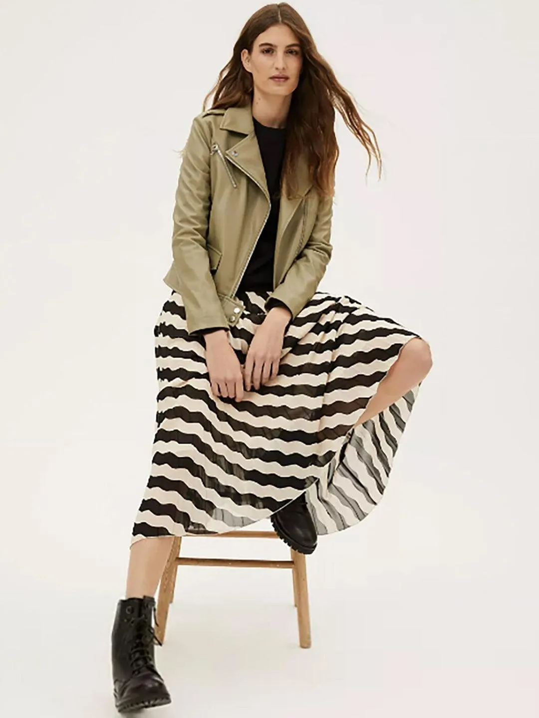 Women Khaki Leather Crop Biker Jacket | QAWACH