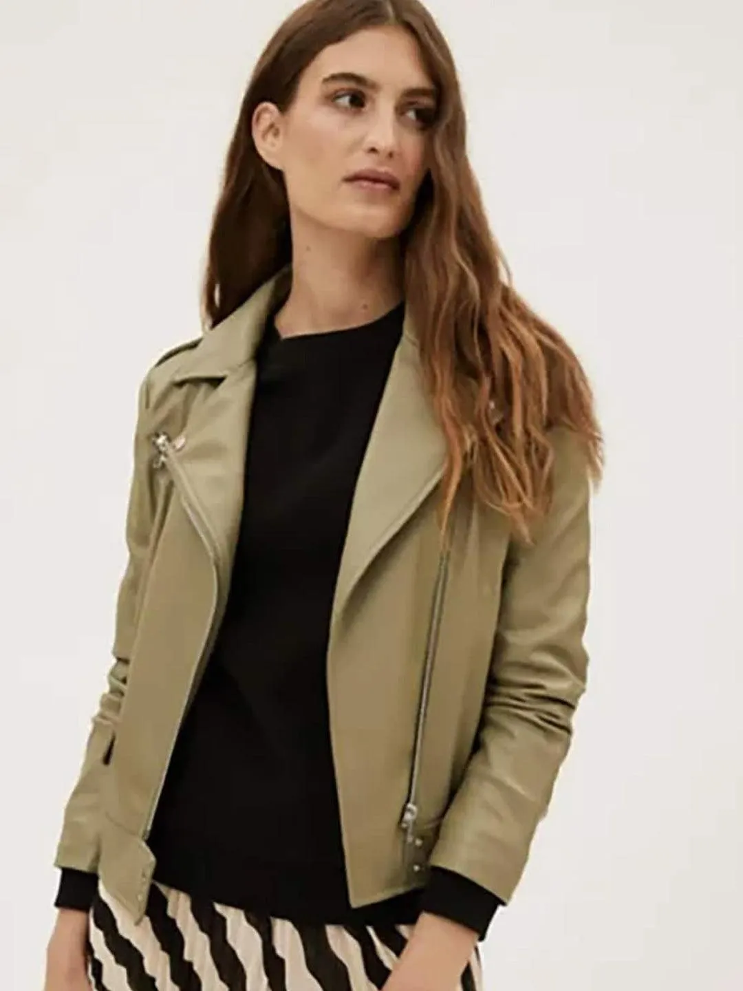 Women Khaki Leather Crop Biker Jacket | QAWACH