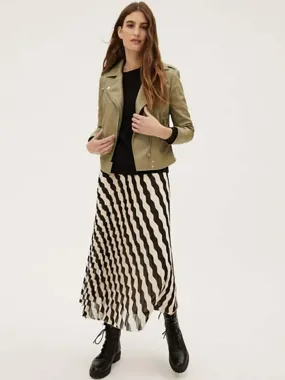 Women Khaki Leather Crop Biker Jacket | QAWACH