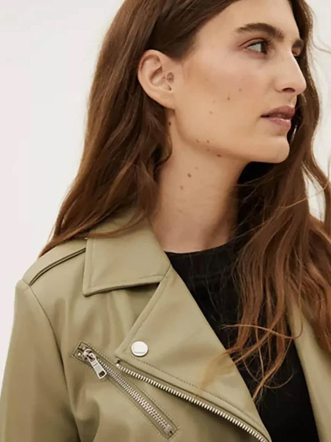 Women Khaki Leather Crop Biker Jacket | QAWACH