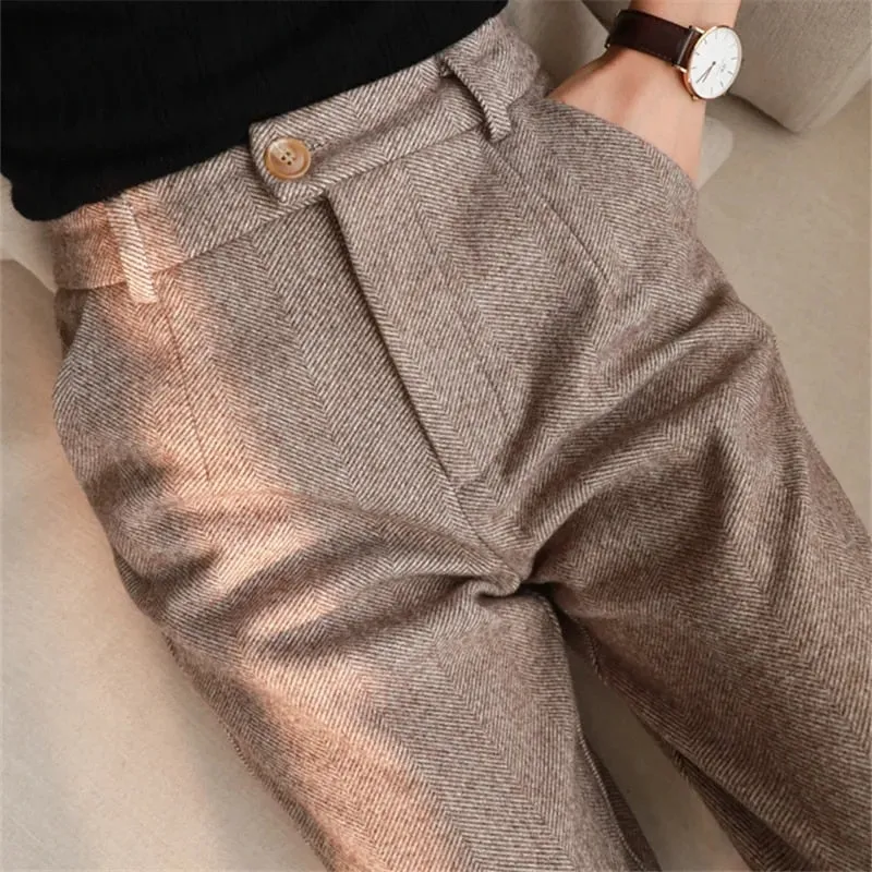 Woolen High Waisted Casual Suit Pants